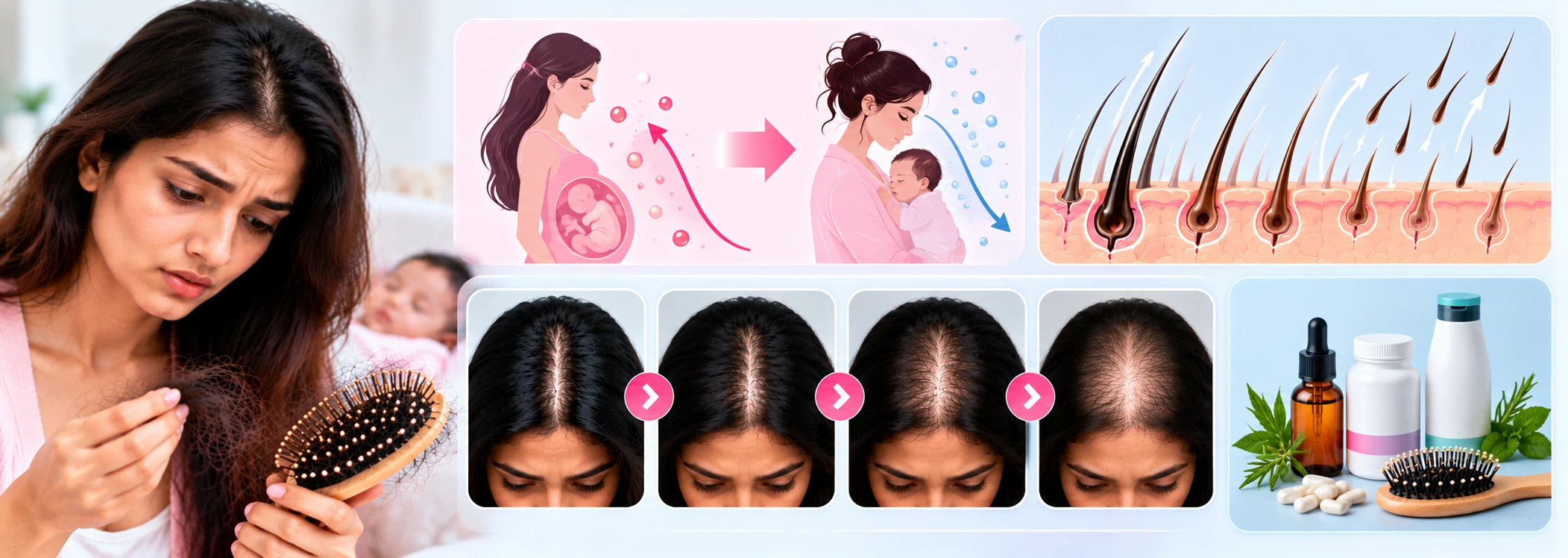 Hormonal shift after delivery causes temporary postpartum hair shedding and reduced hair density.