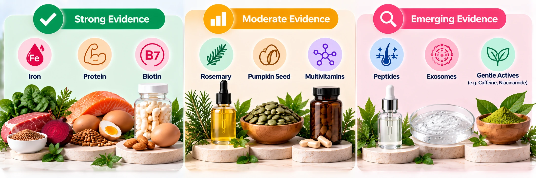 Postpartum hair ingredients visual guide featuring iron, protein, biotin, rosemary oil, and gentle hair care actives grouped by evidence level.