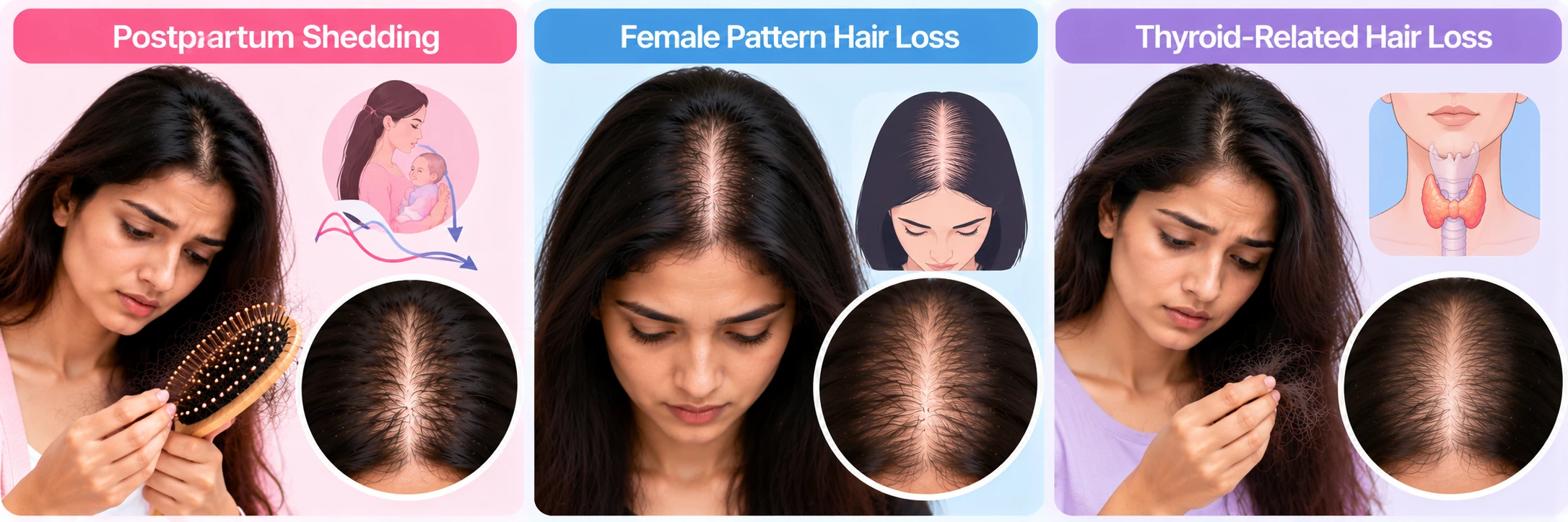 Temporary postpartum shedding vs ongoing female pattern hair loss vs thyroid-related hair loss in women.