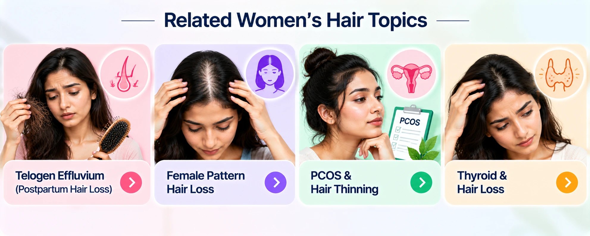 Related women’s hair topics including telogen effluvium, female pattern hair loss, PCOS hair thinning, and thyroid-related hair loss.