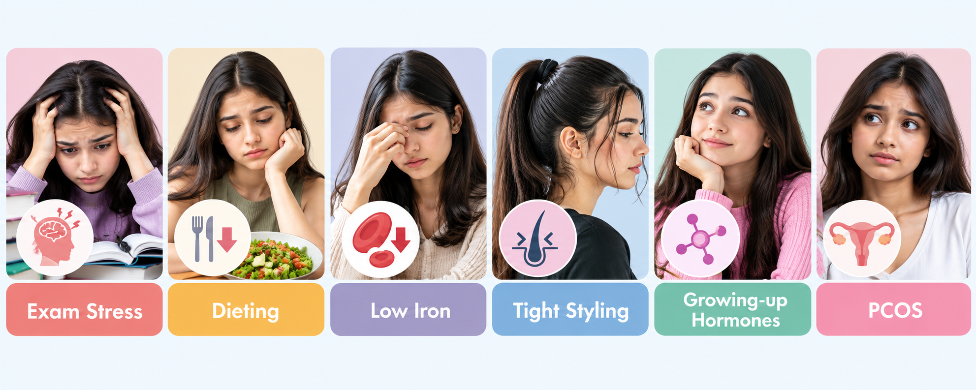 Teenage hair fall causes including exam stress, dieting, low iron, tight styling, growing-up hormones, and PCOS