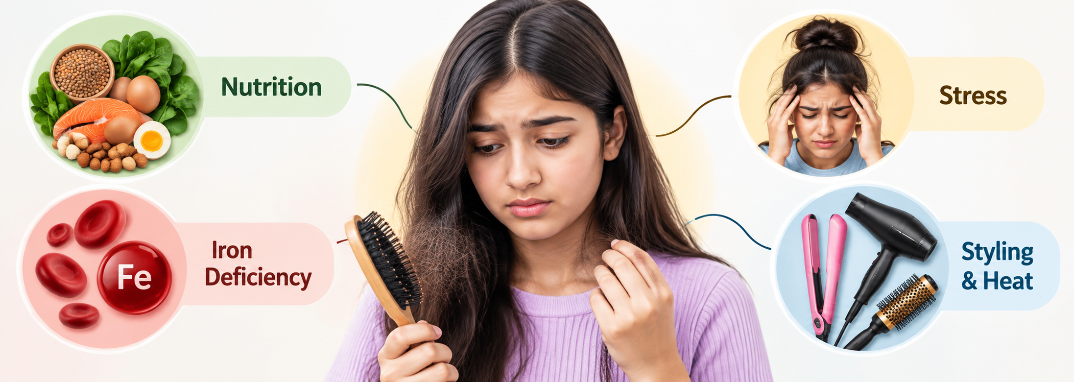 Common, manageable causes of teenage hair fall including nutrition, iron deficiency, stress, styling and heat