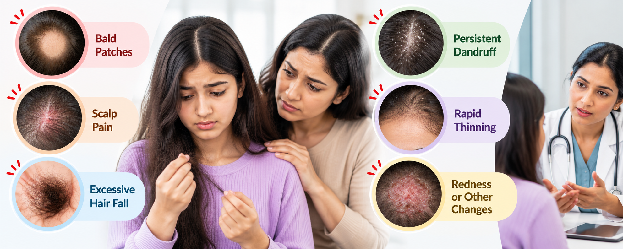 Bald patches, scalp pain, excessive hair fall, persistent dandruff and rapid thinning in teenagers