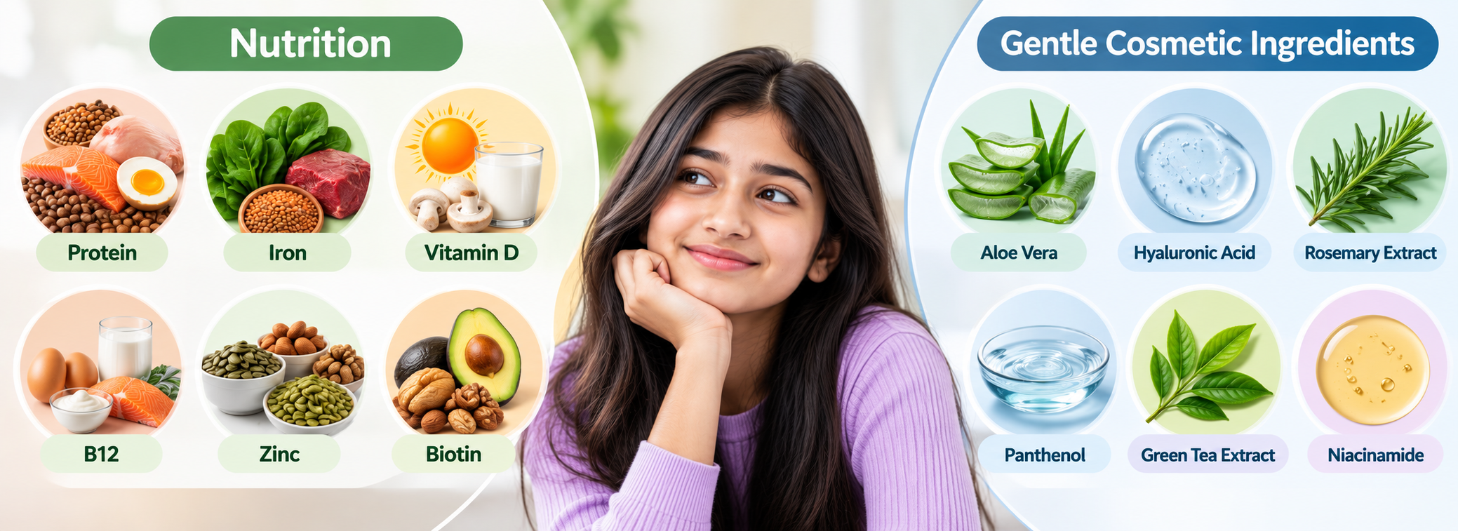 Protein, iron, vitamin D, B12, zinc, biotin and gentle cosmetic ingredients for teenage hair health