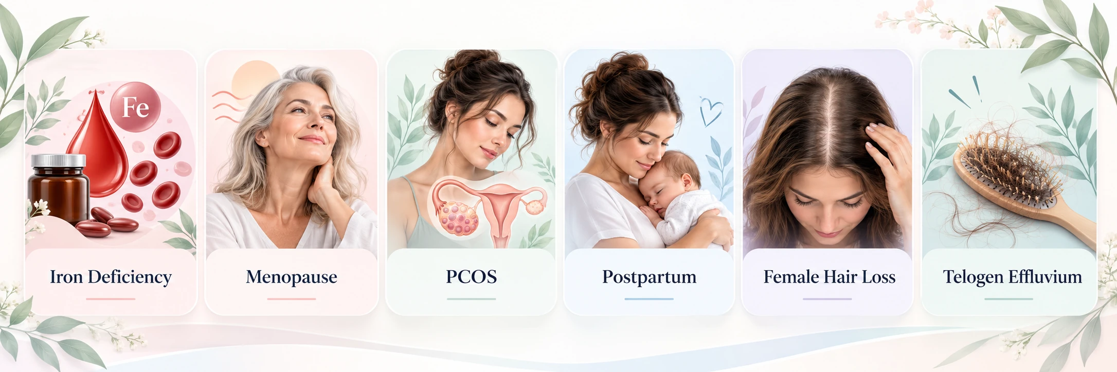 Related women’s hair loss topics including iron deficiency, menopause, PCOS, postpartum, female hair loss and telogen effluvium — Hairsncares