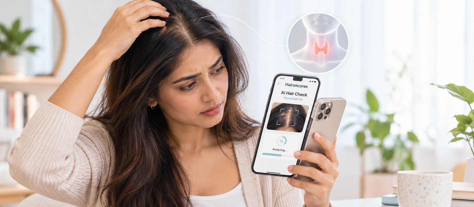 Woman using AI thyroid hair fall checker for thyroid-related hair loss — Hairsncares