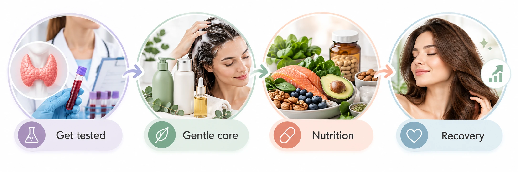 Thyroid hair loss supportive routine with testing, gentle care, nutrition and recovery — Hairsncares