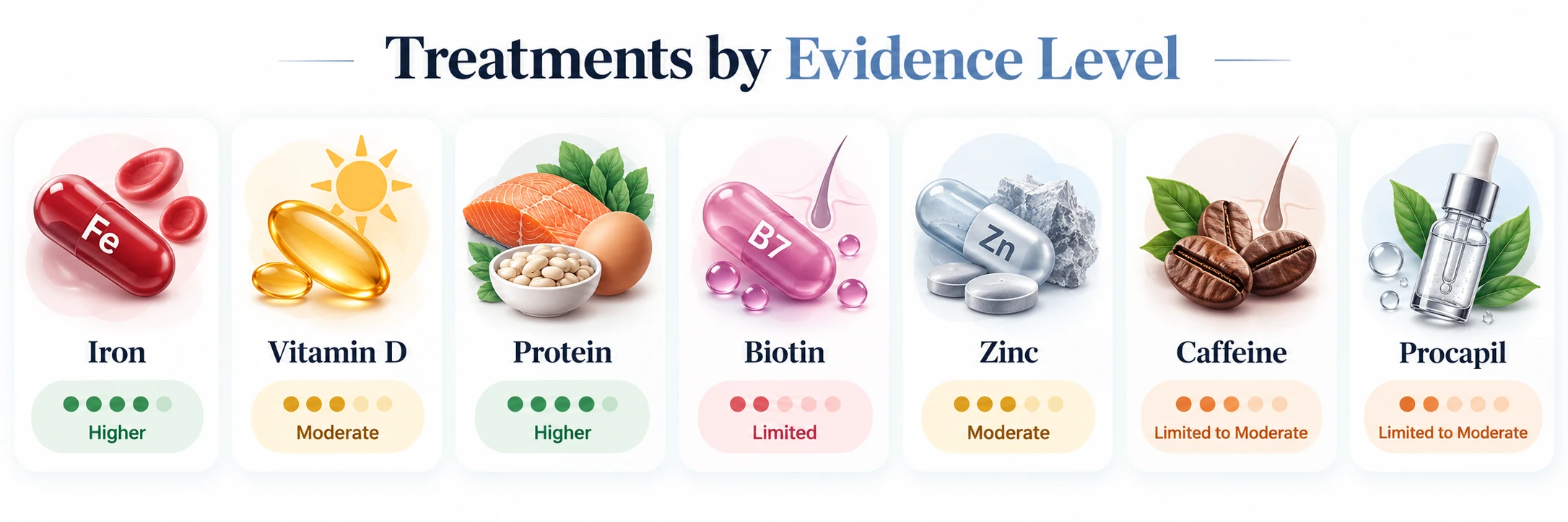 Iron, vitamin D, protein, biotin, zinc, caffeine and Procapil with evidence levels — Hairsncares