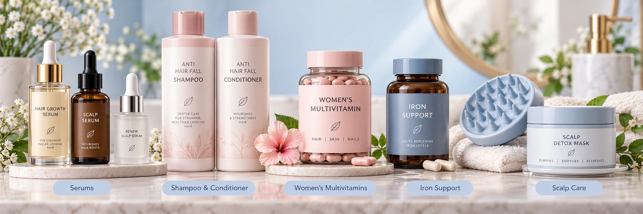 Women's hair fall range with serums, multivitamins, iron support and scalp care — Hairsncares