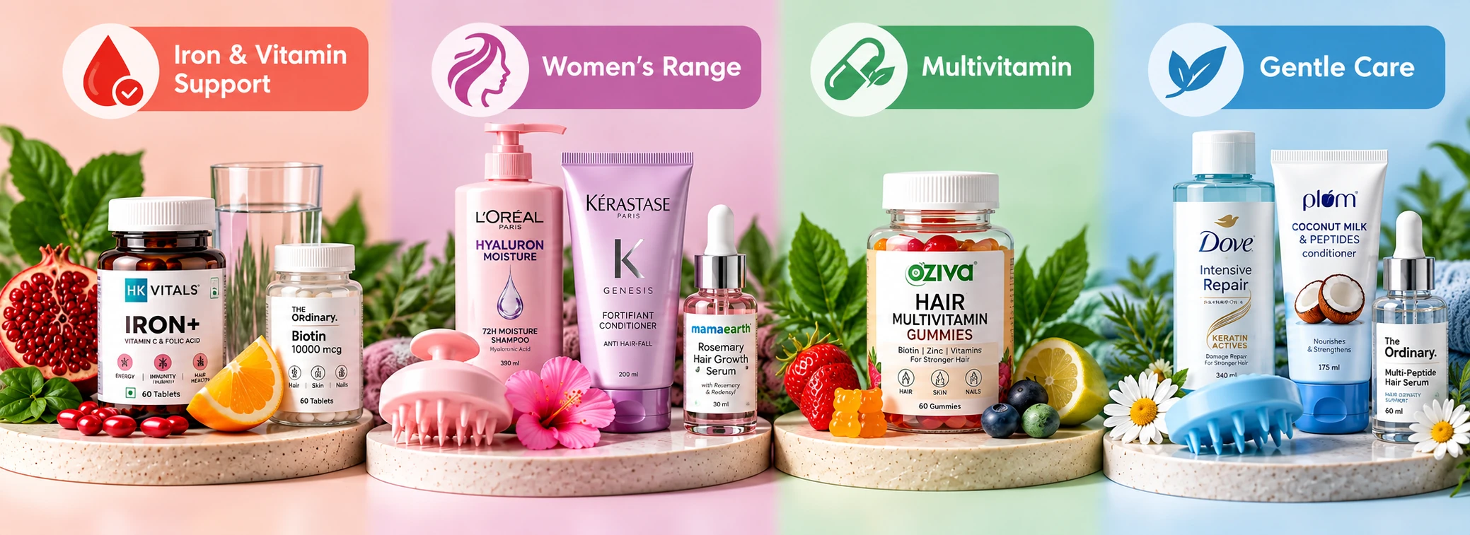 Hair support categories including iron and vitamin support, women’s range, multivitamin, and gentle hair care