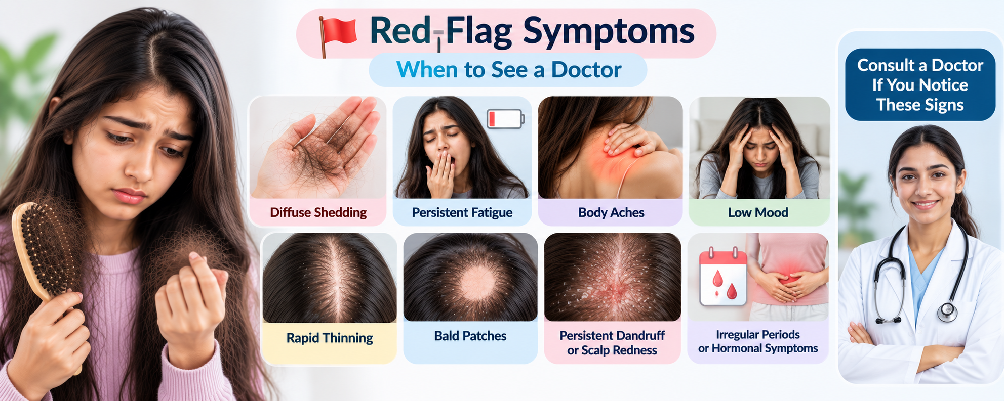 Diffuse hair shedding with fatigue, body aches, low mood and other symptoms that may need medical evaluation