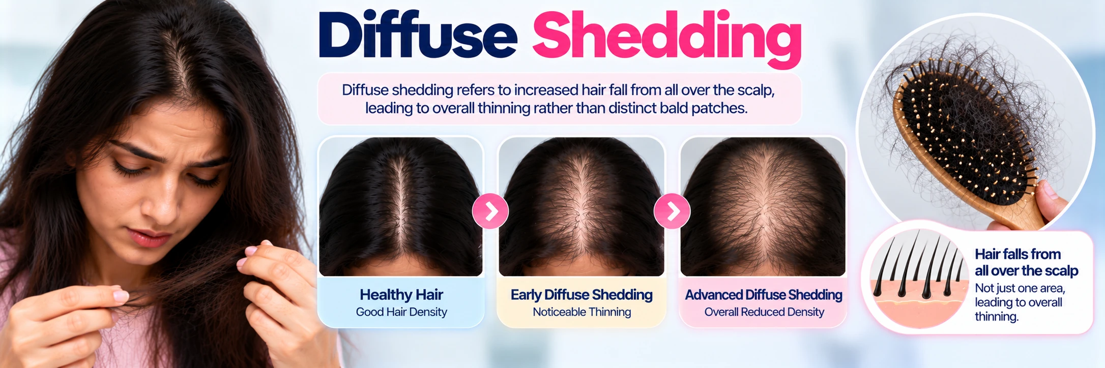 Diffuse shedding in women showing even hair loss across the whole scalp rather than one patch