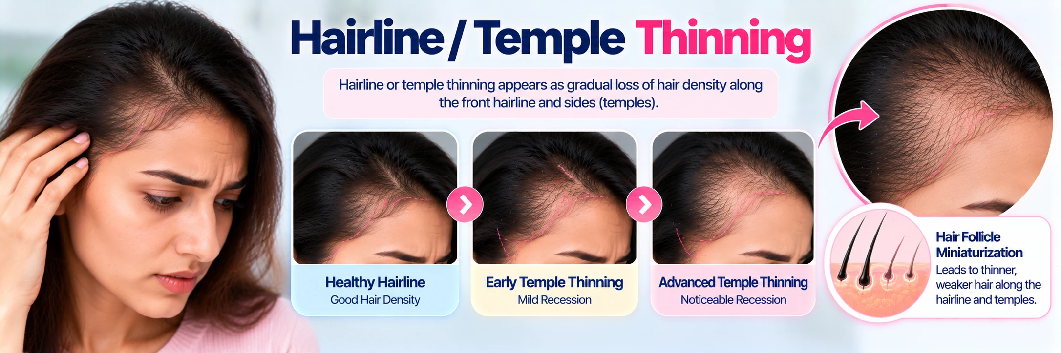 Hairline and temple thinning in women, including traction and androgenic recession