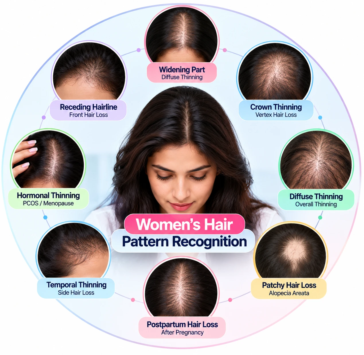 Women’s hair pattern recognition showing widening part, crown thinning, diffuse thinning, patchy hair loss, postpartum hair loss, temporal thinning and a receding hairline