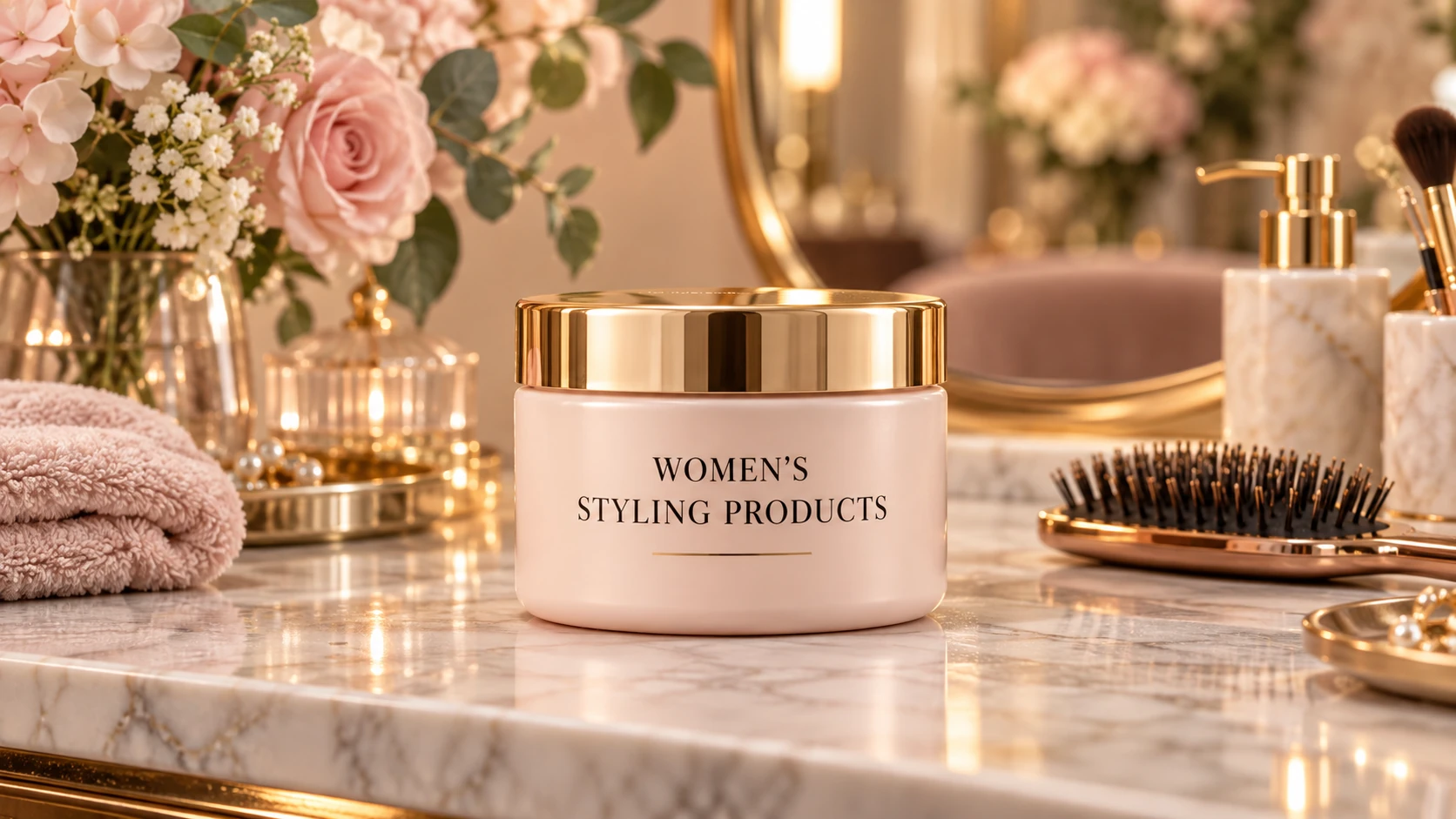 Women’s hair styling products arranged as an editorial still life on a pale stone surface